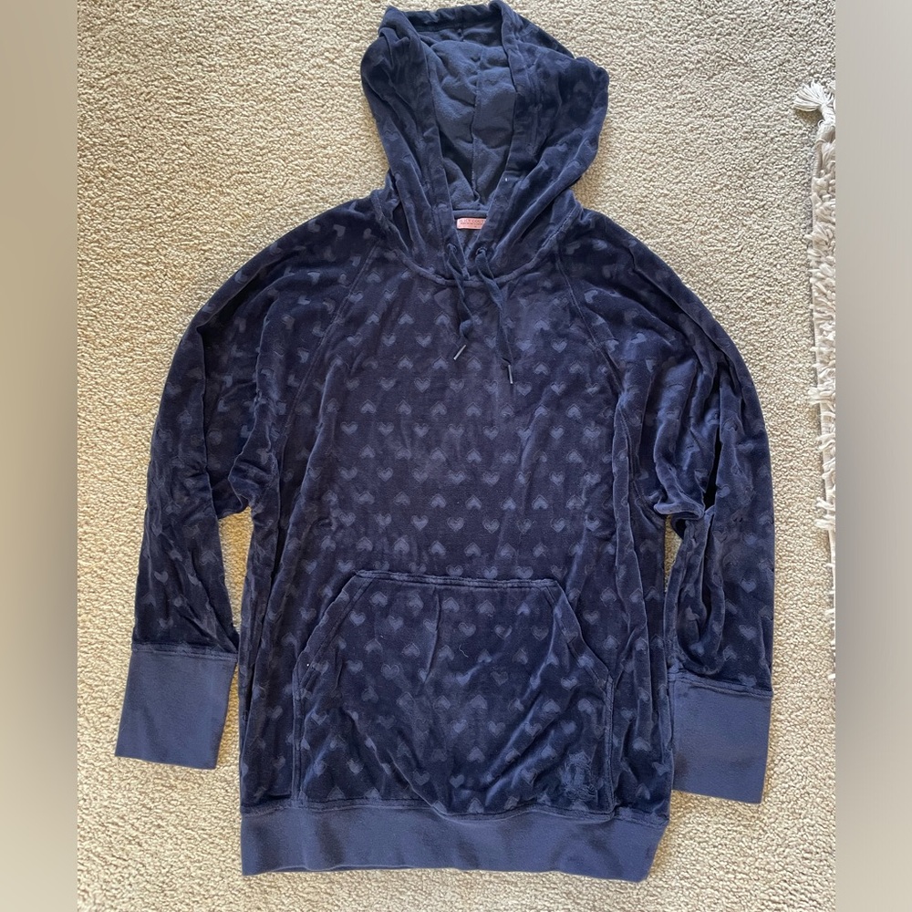 Juicy Couture Navy Velour Heart Print Pullover Hoodie Y2K Kangaroo Pocket M